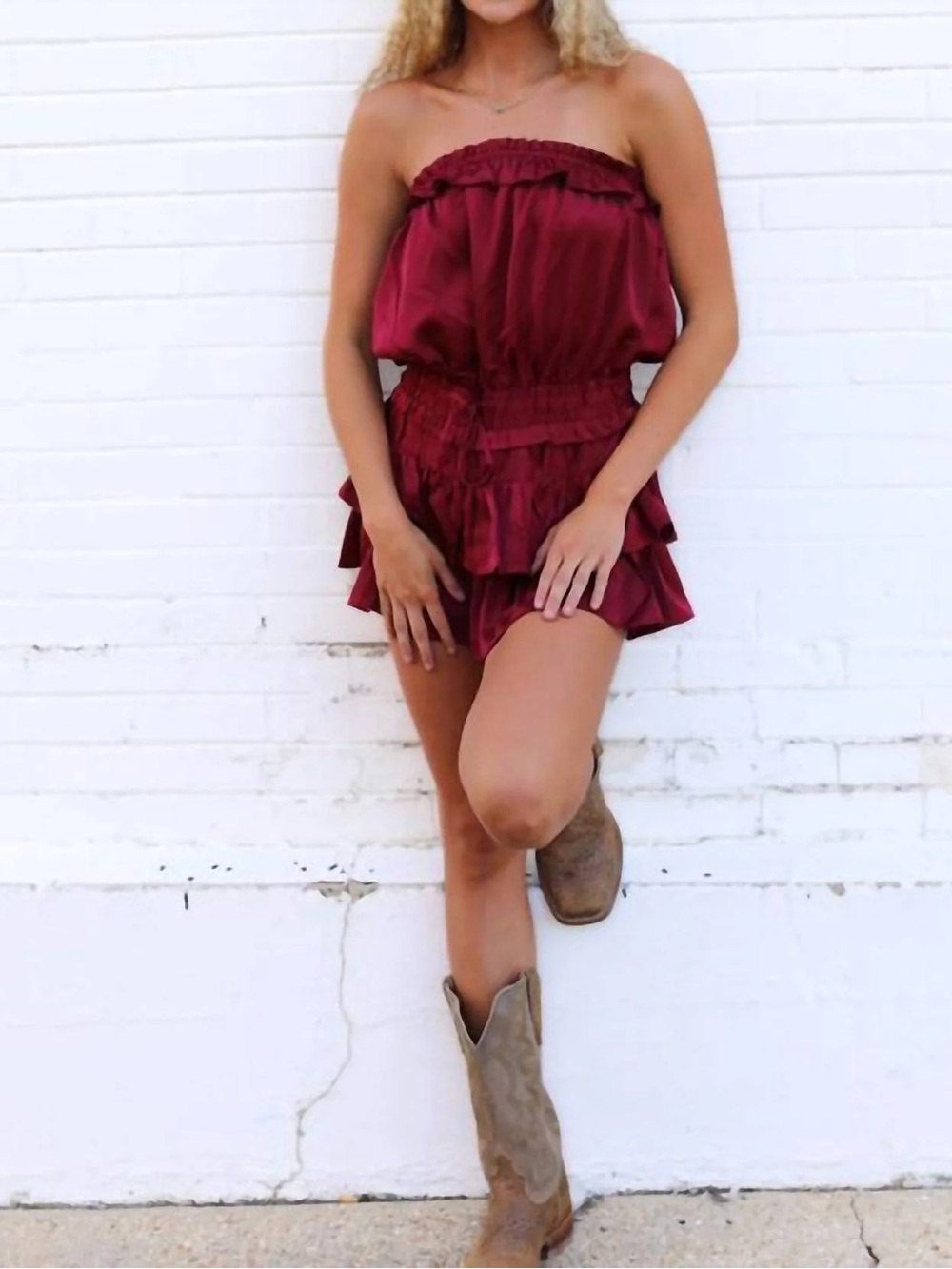 Strapless Burgundy Ruffle Romper